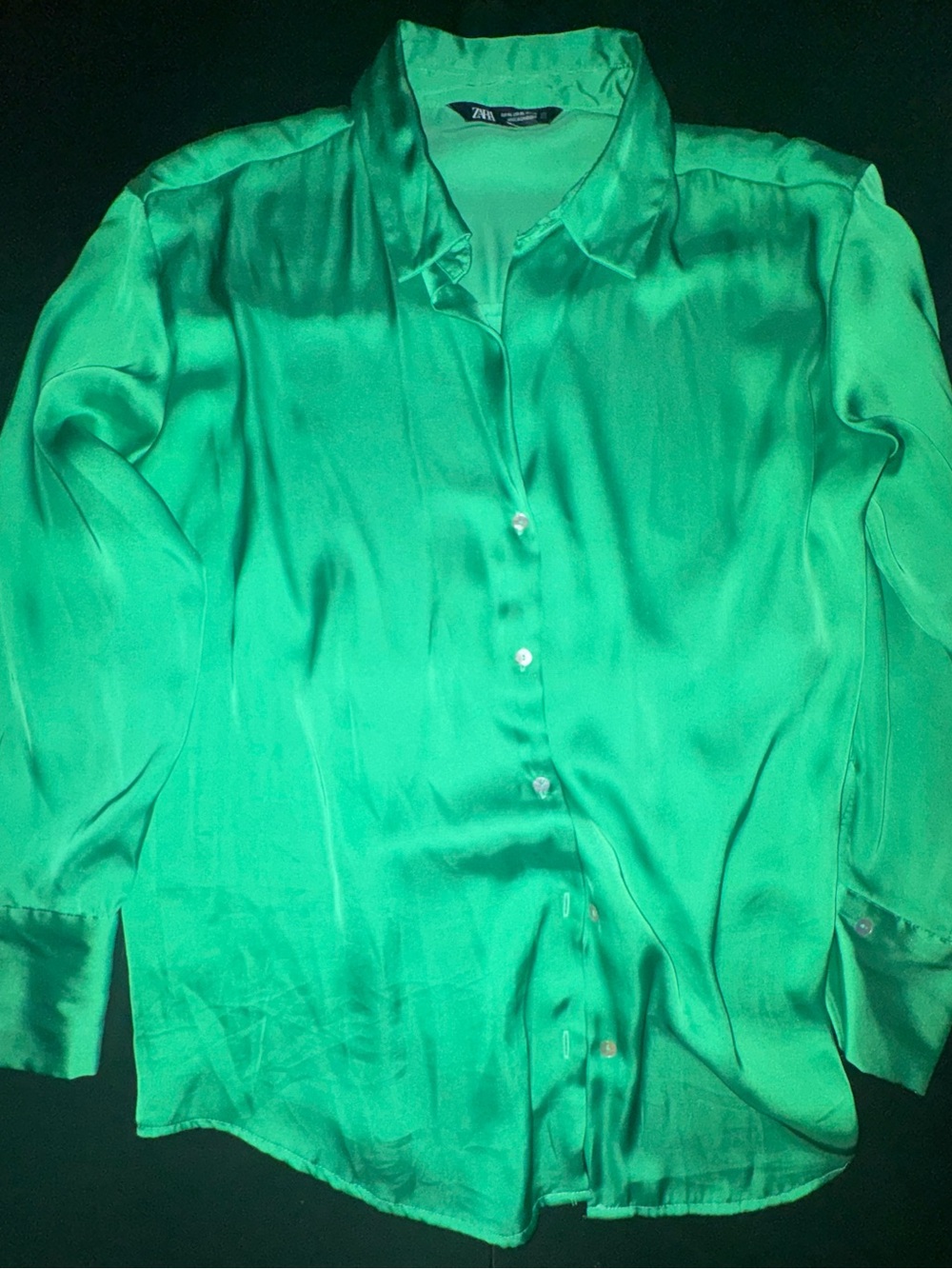 Zara Emerald Green Satin Button-Down Shirt